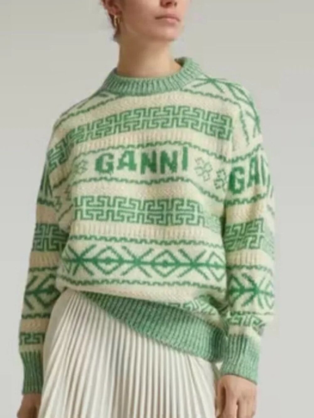 GANNI Egret Logo Fair Isle Sweater 100% Organic Wool XL